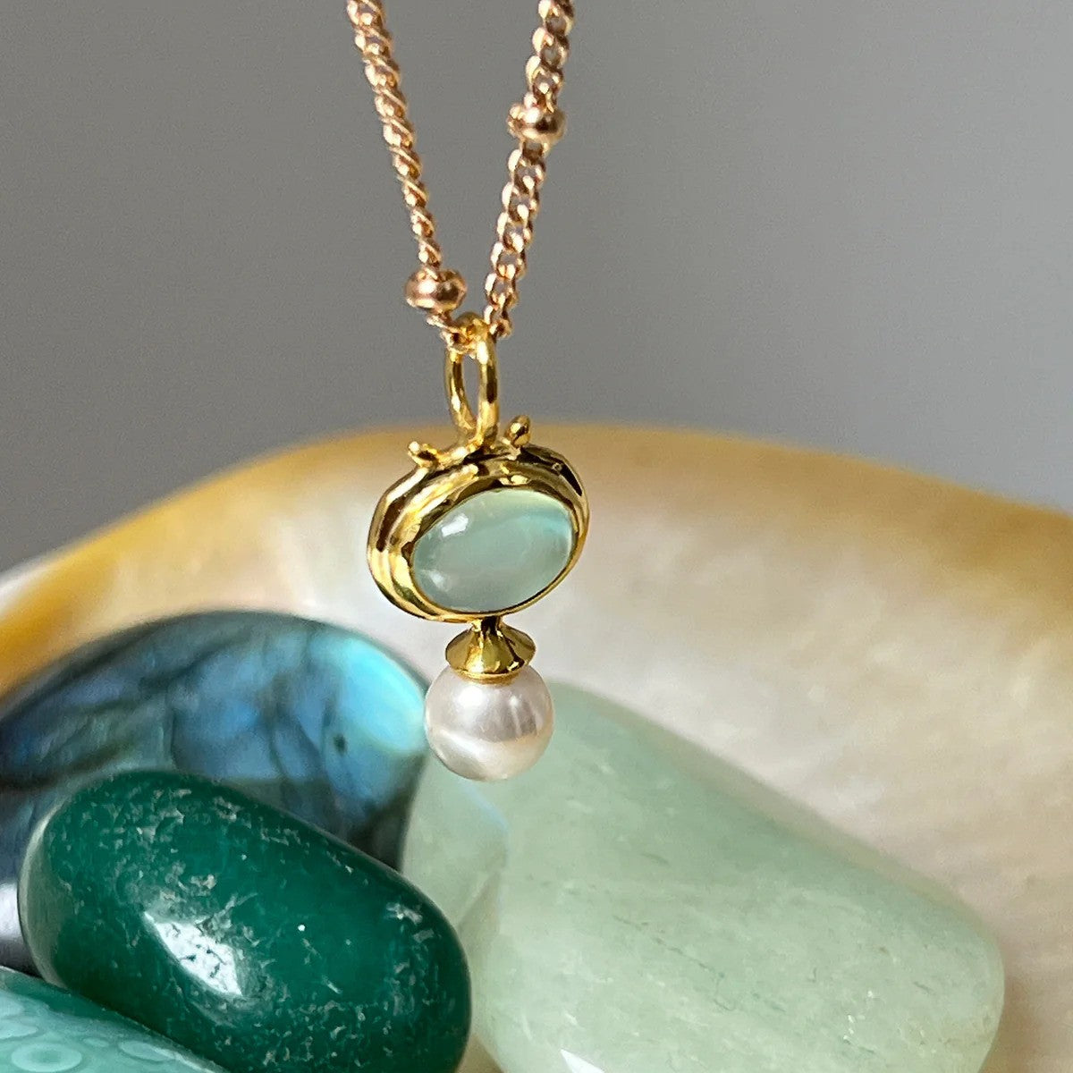 Aqua Chalcedony and Pearl Pendant on Short Biba Chain