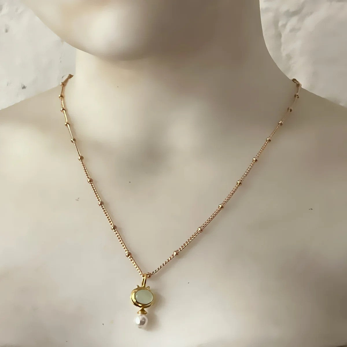 Aqua Chalcedony and Pearl Pendant on Short Biba Chain