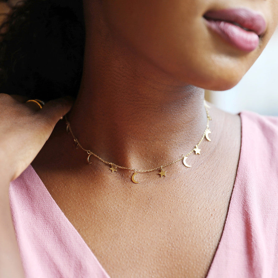Delicate Gold Stainless Steel Moon and Star Necklace