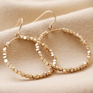 Gold Cube Bead Drop Hoop Earrings