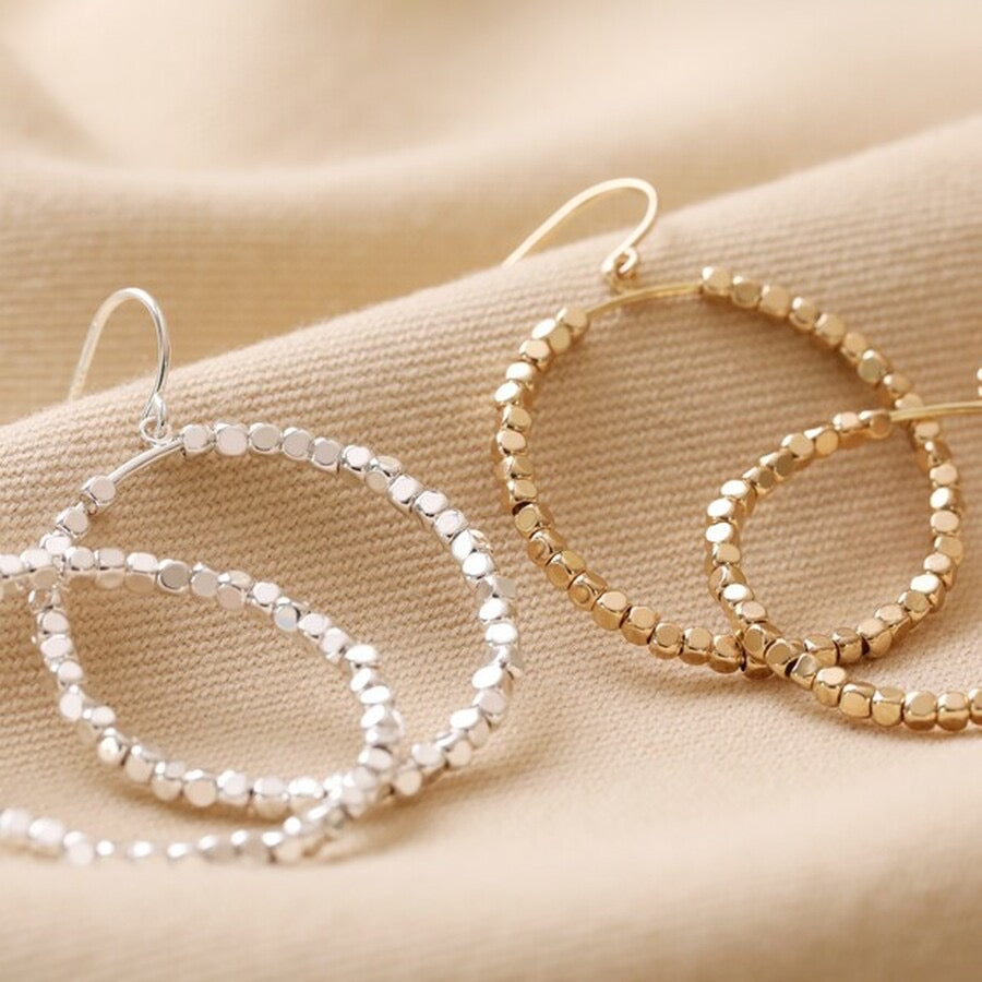 Silver Cube Bead Drop Hoop Earrings