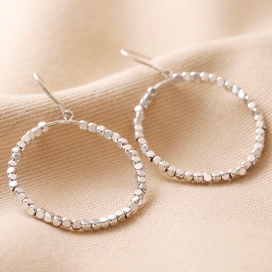 Silver Cube Bead Drop Hoop Earrings