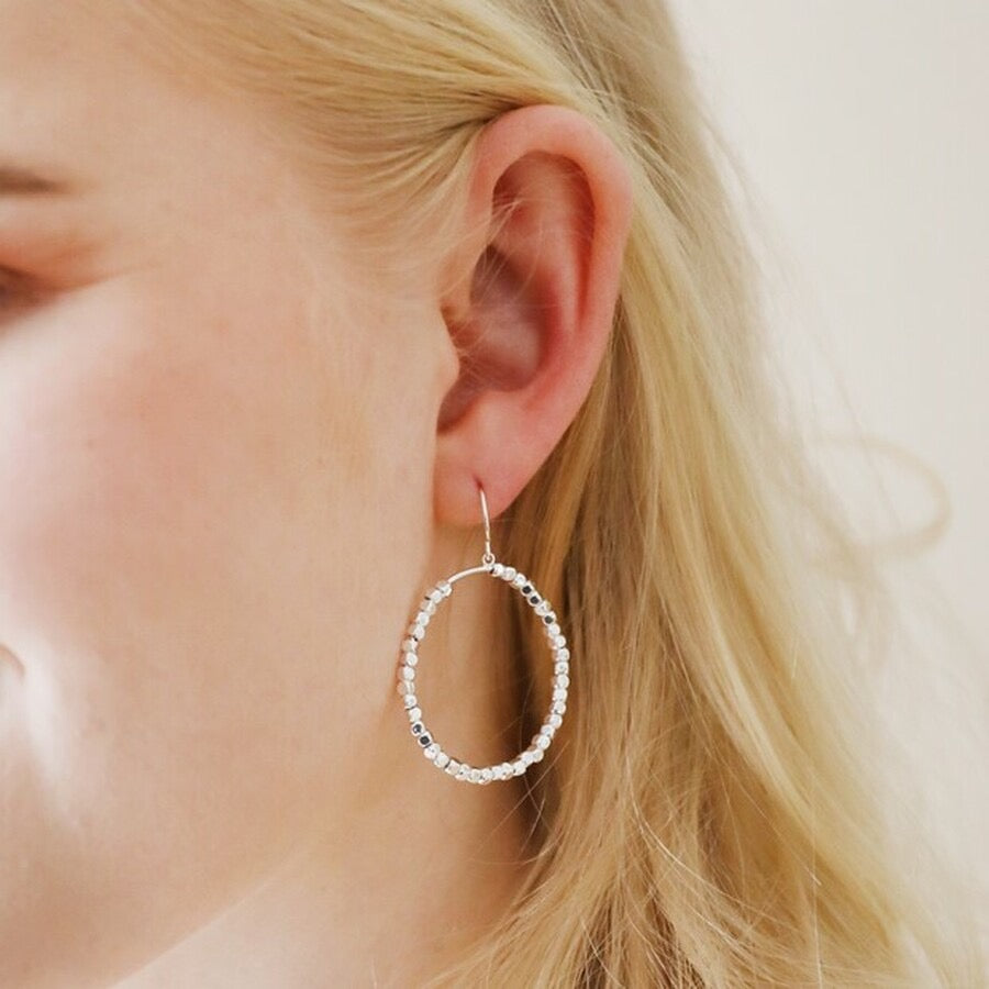 Silver Cube Bead Drop Hoop Earrings