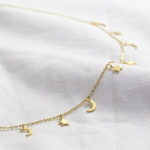 Delicate Gold Stainless Steel Moon and Star Necklace