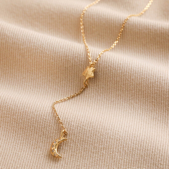 Crystal Moon and Star Gold Lariat Necklace