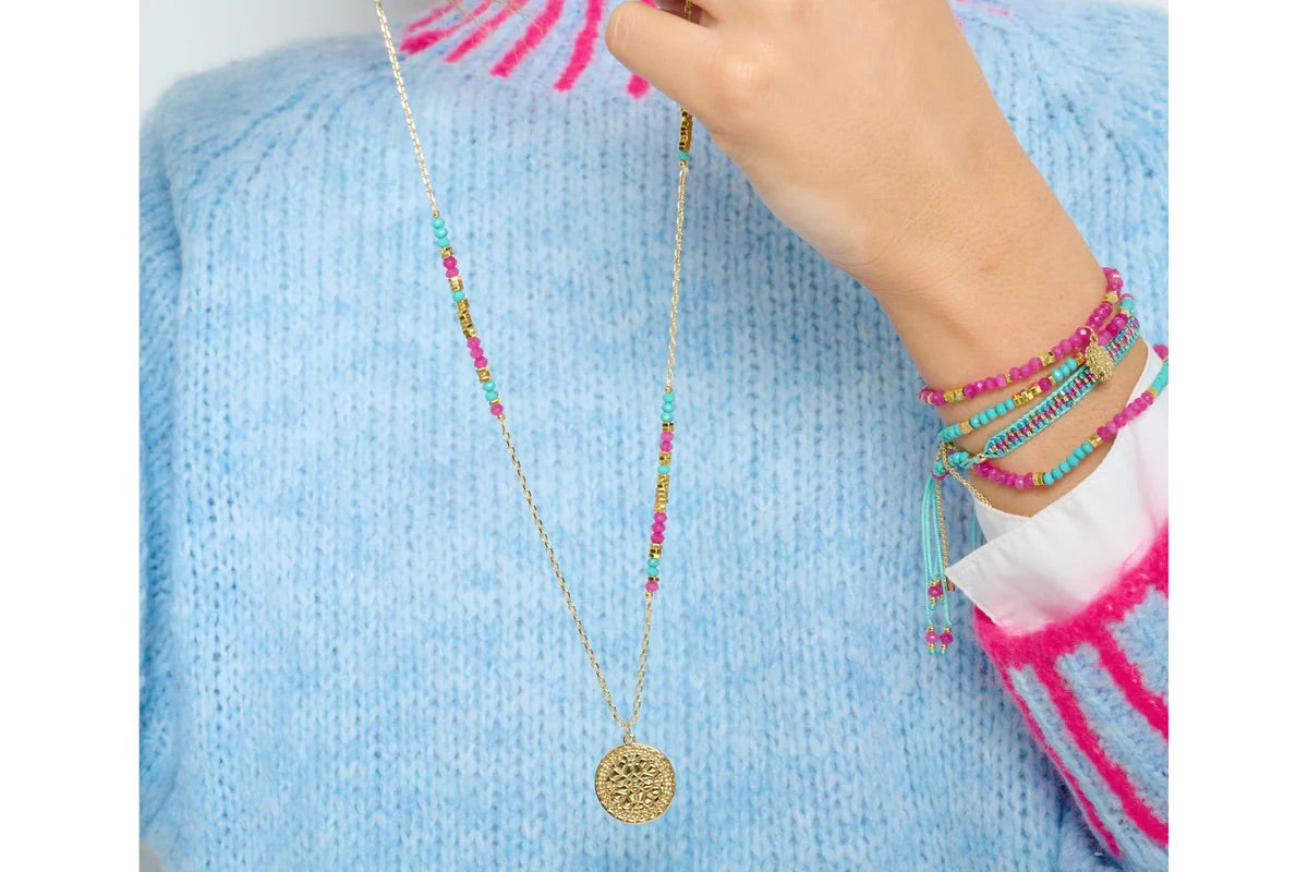 Nempty Turquoise and Hot Pink Gemstone Long Gold Pendant