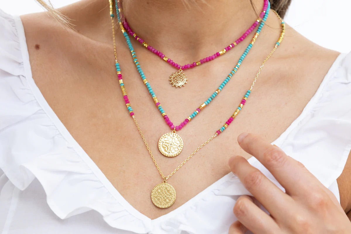 Nempty Turquoise and Hot Pink Gemstone Long Gold Pendant