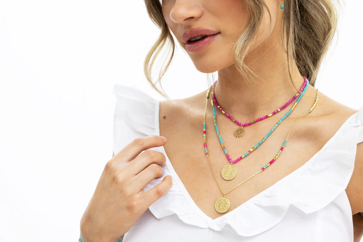 Nempty Turquoise and Hot Pink Gemstone Long Gold Pendant
