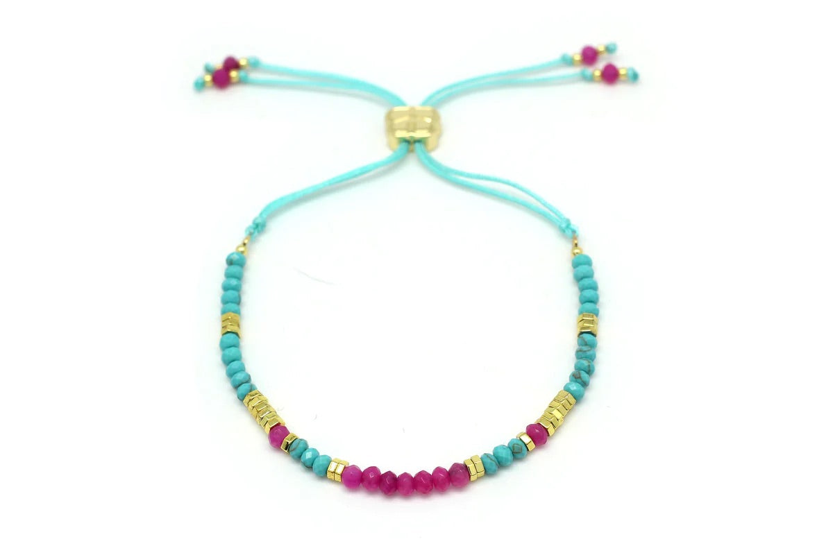 Nempty Turquoise and Hot Pink Gemstone Long Gold Pendant