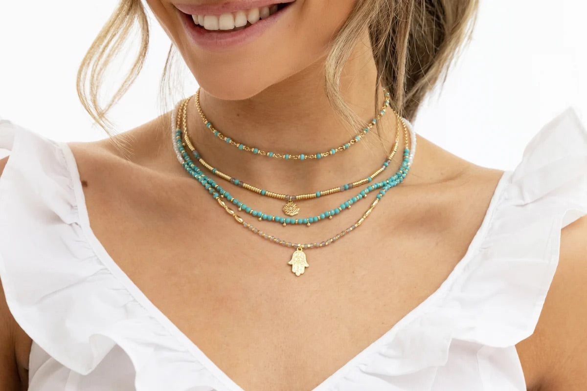 Salus Beaded Turquoise Gemstone Gold Necklace
