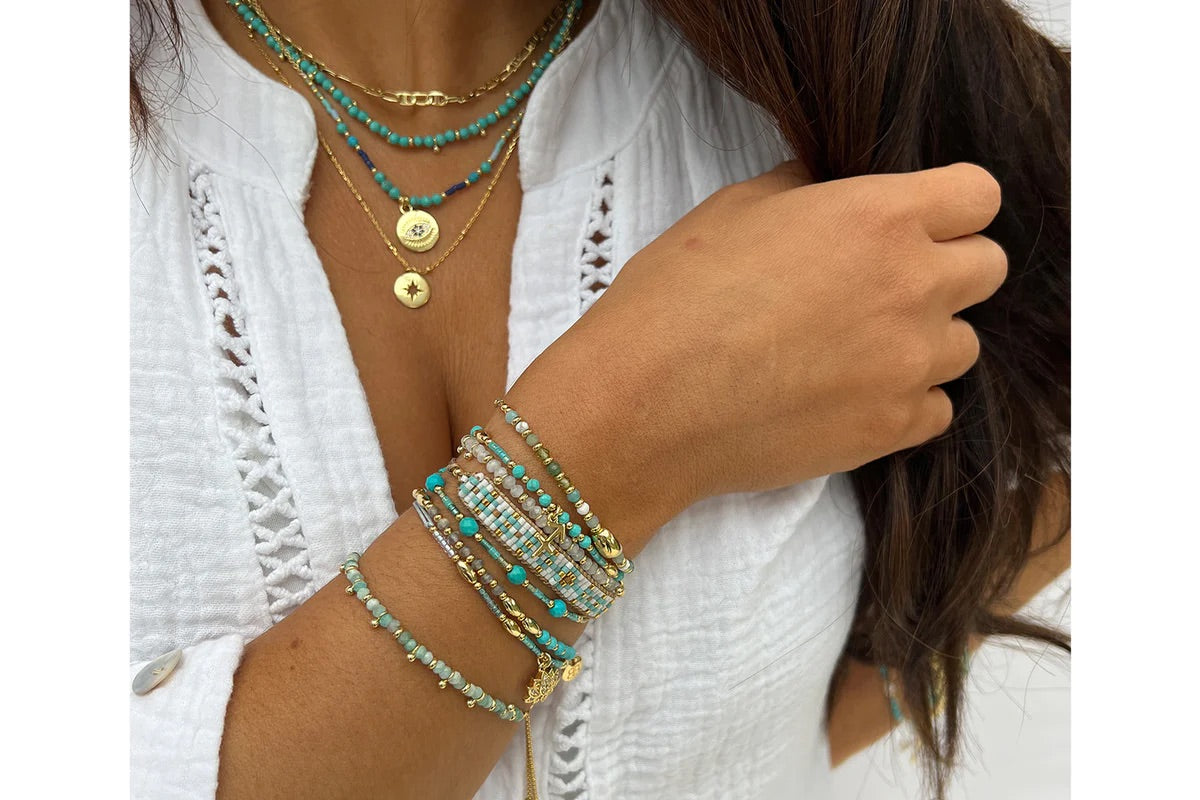 Salus Beaded Turquoise Gemstone Gold Necklace