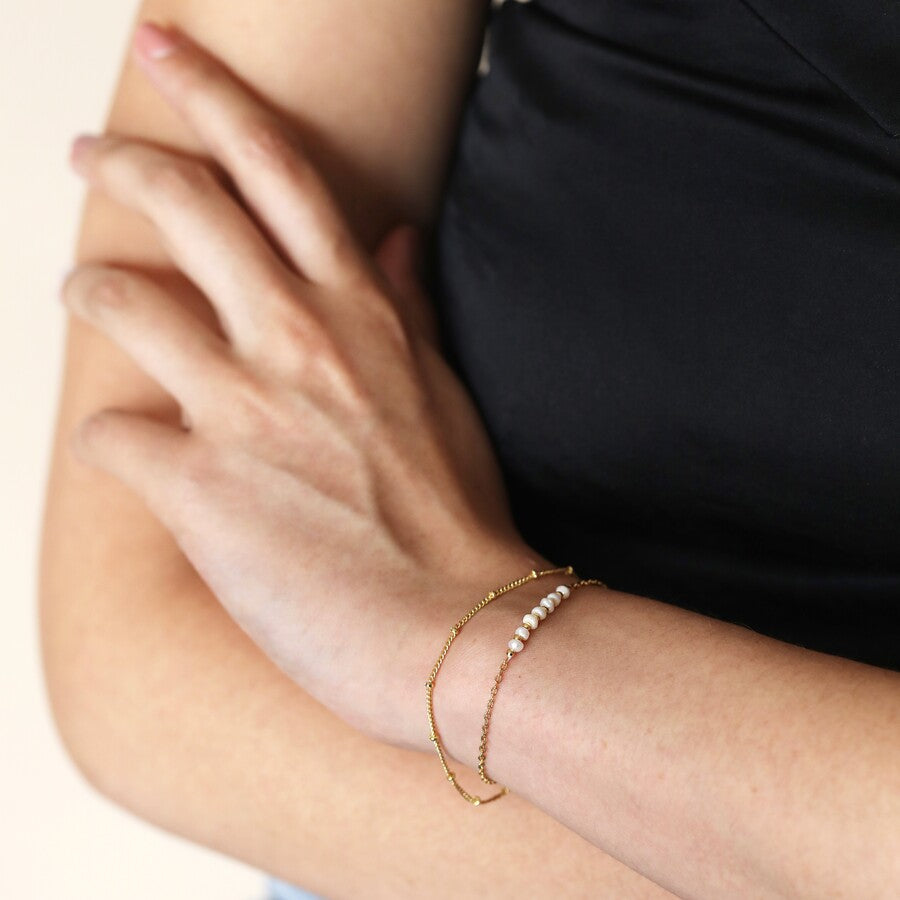 Freshwater Pearl Double Gold Chain Bracelet