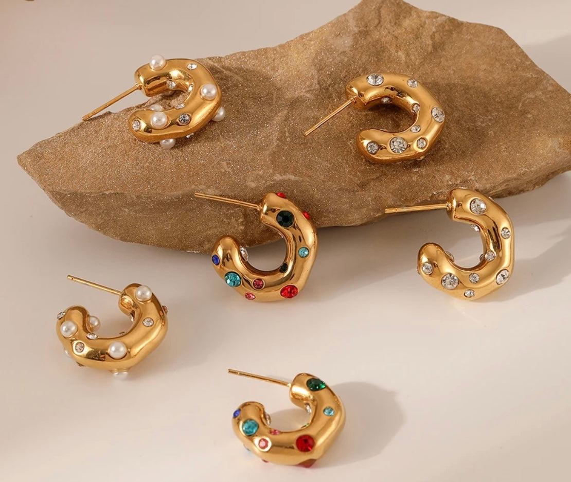 Organic Chunky Gold and Rainbow Crystal Hoop Earrings