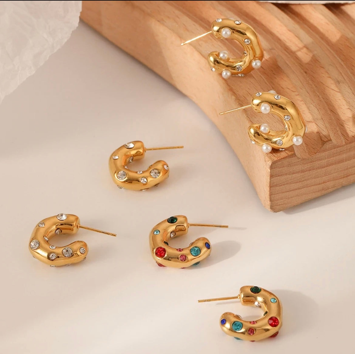 Organic Chunky Gold and Rainbow Crystal Hoop Earrings