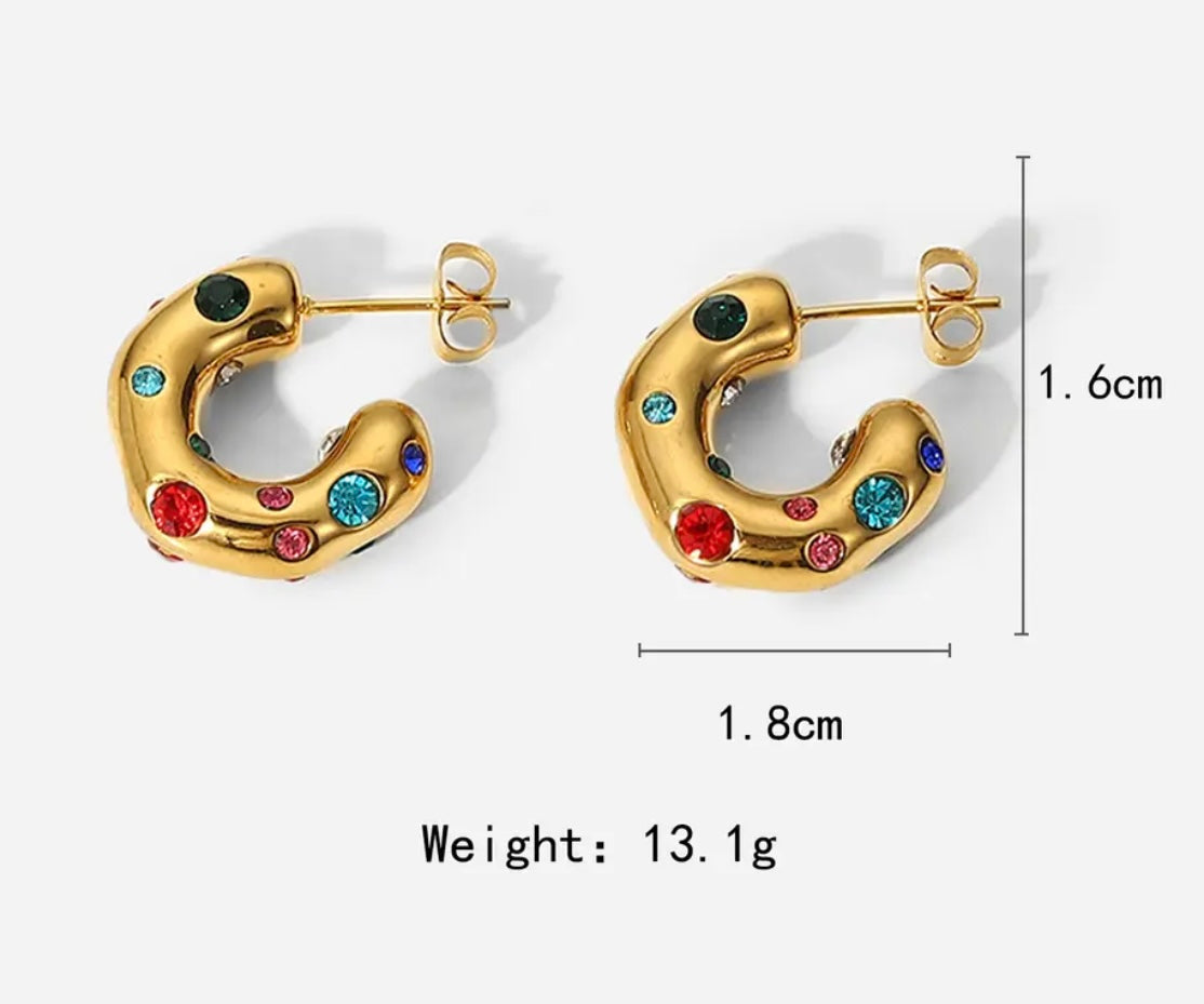 Organic Chunky Gold and Rainbow Crystal Hoop Earrings