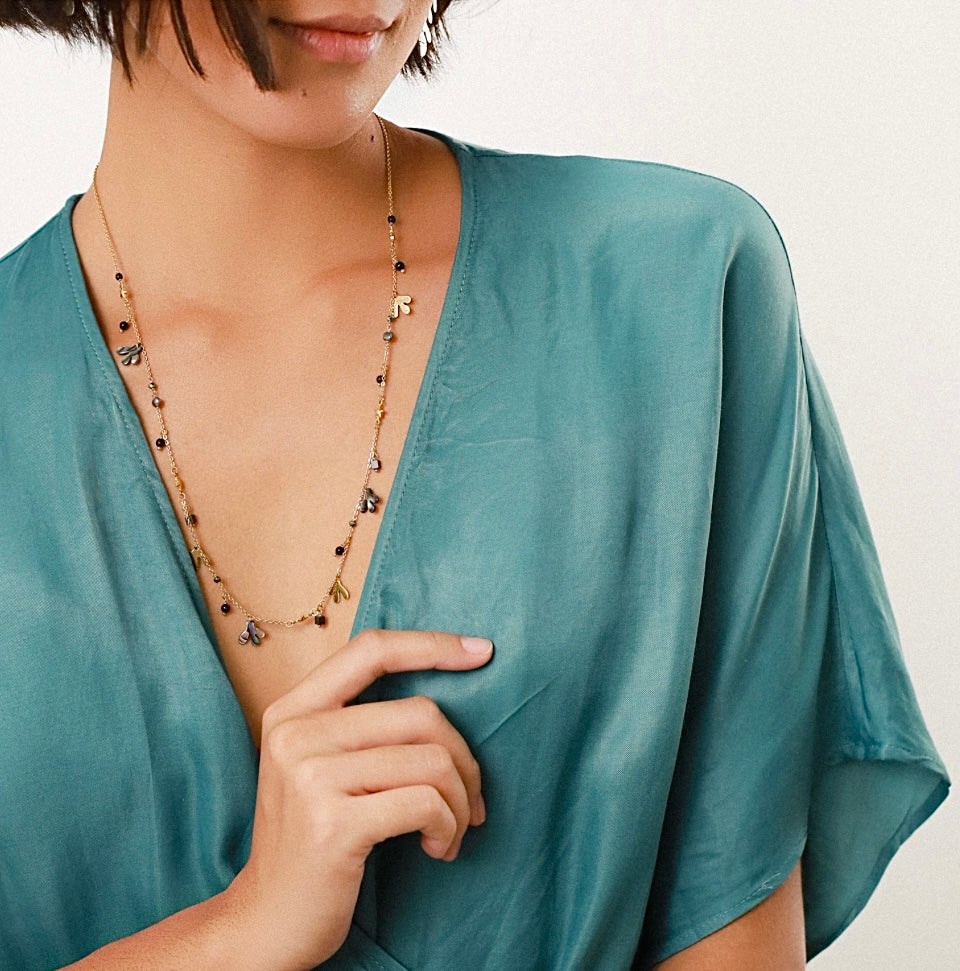 Julia Abalone Dainty Leaf Long Layering Necklace