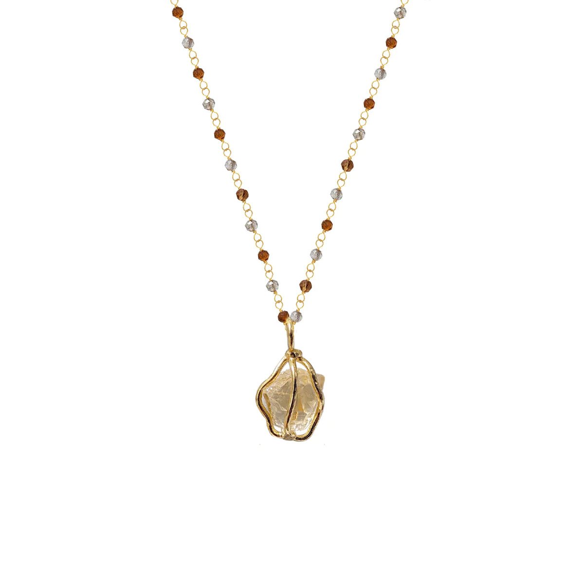 Caged Raw Citrine Gold Pendant on Citrine and Smokey Quartz Rosary Chain