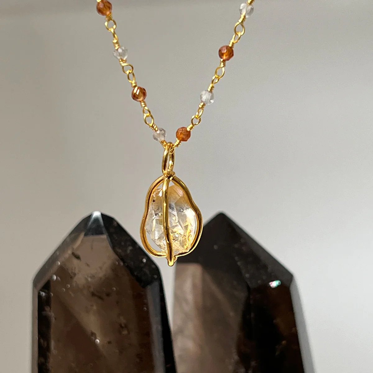 Caged Raw Citrine Gold Hook Drop Earrings