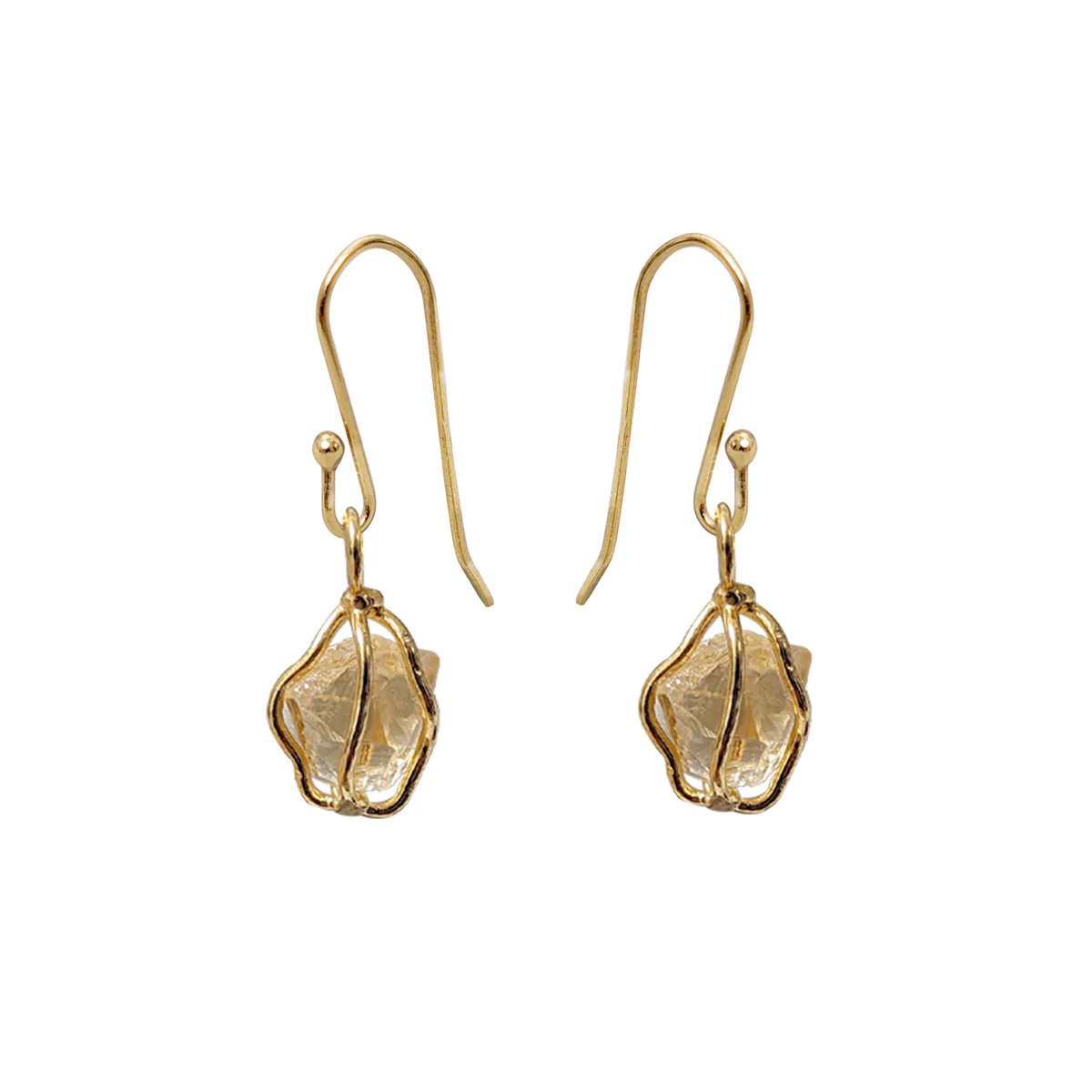Caged Raw Citrine Gold Hook Drop Earrings