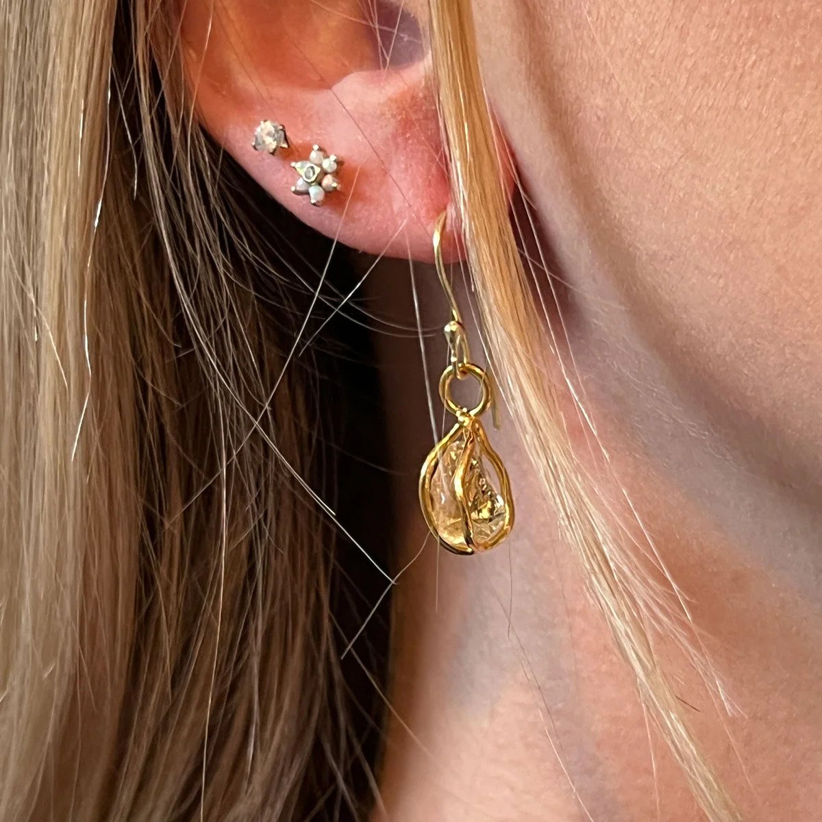 Caged Raw Citrine Gold Hook Drop Earrings