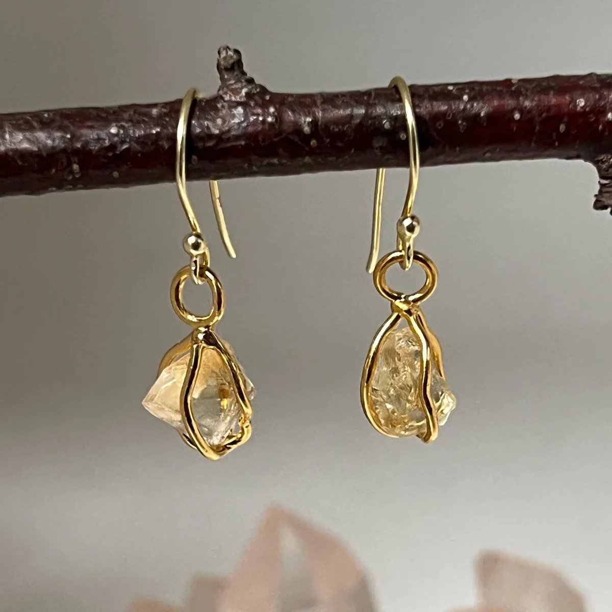 Caged Raw Citrine Gold Hook Drop Earrings