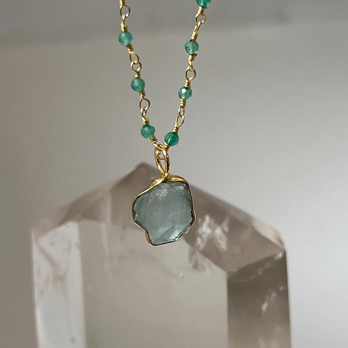 Aquamarine Freeform Slice Pendant on Green Onyx Rosary Chain