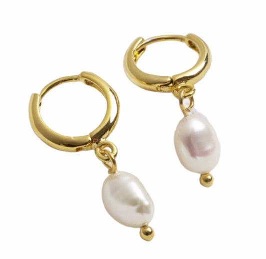 Gold Huggies with Fresh Water Pearl Drop