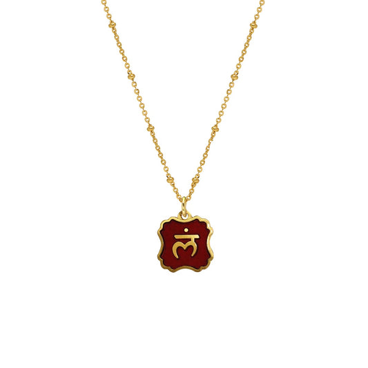 Base Chakra Dark Red Enamel Double Sided Medal Pendant on Gold Satellite Chain