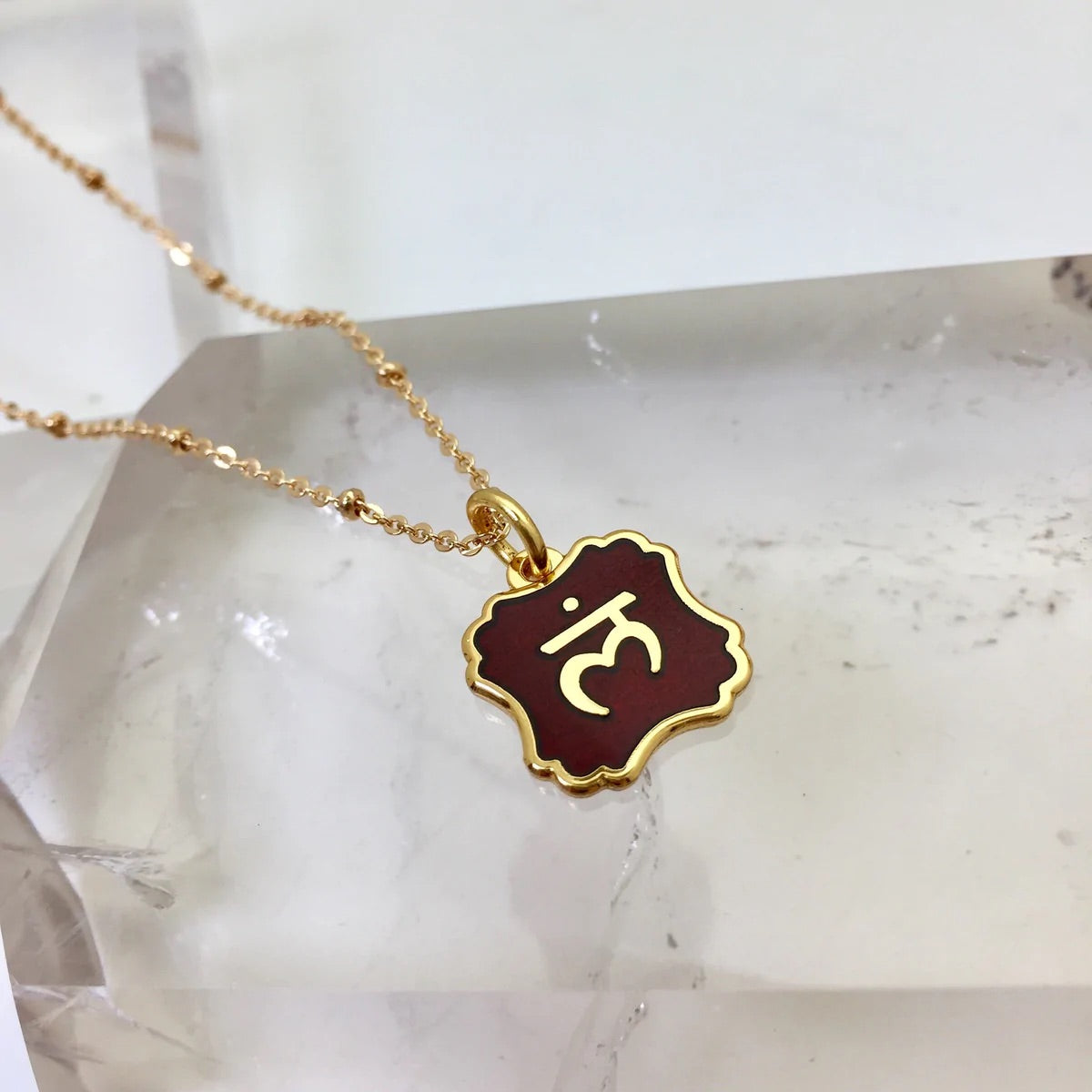 Base Chakra Dark Red Enamel Double Sided Medal Pendant on Gold Satellite Chain
