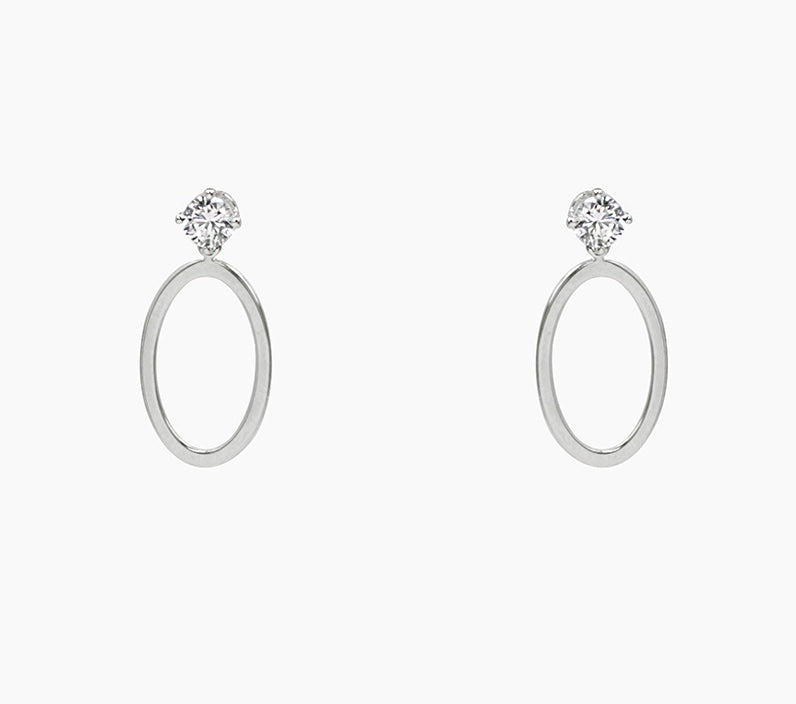 Sterling Silver Drop Oval Hoop With Single White Crystal Stud