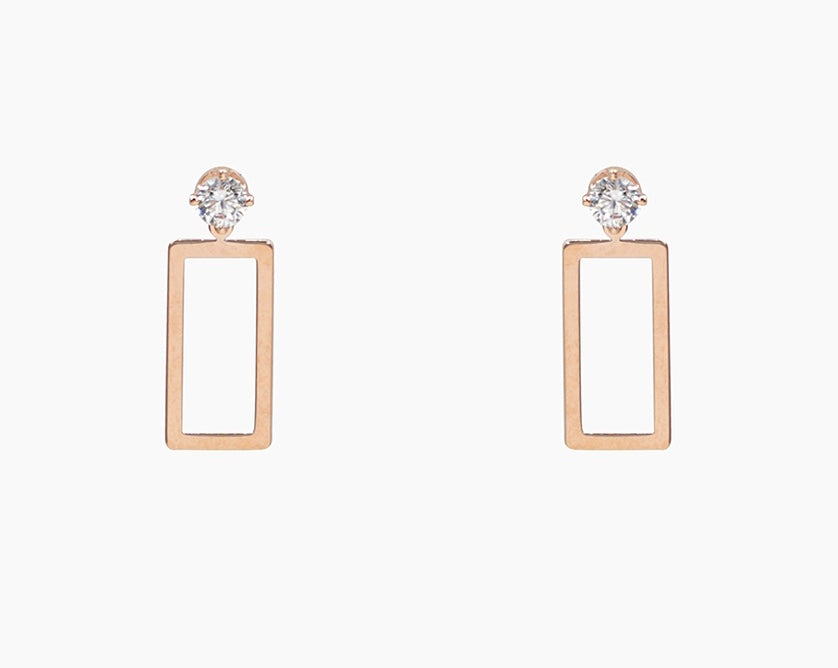 Rose Gold Open Rectangular Drops With Single White Crystal Stud