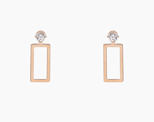 Rose Gold Open Rectangular Drops With Single White Crystal Stud