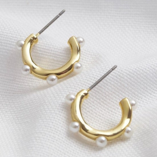 Gold Hoop Studs with Intermittent Small Fresh Water Pearls