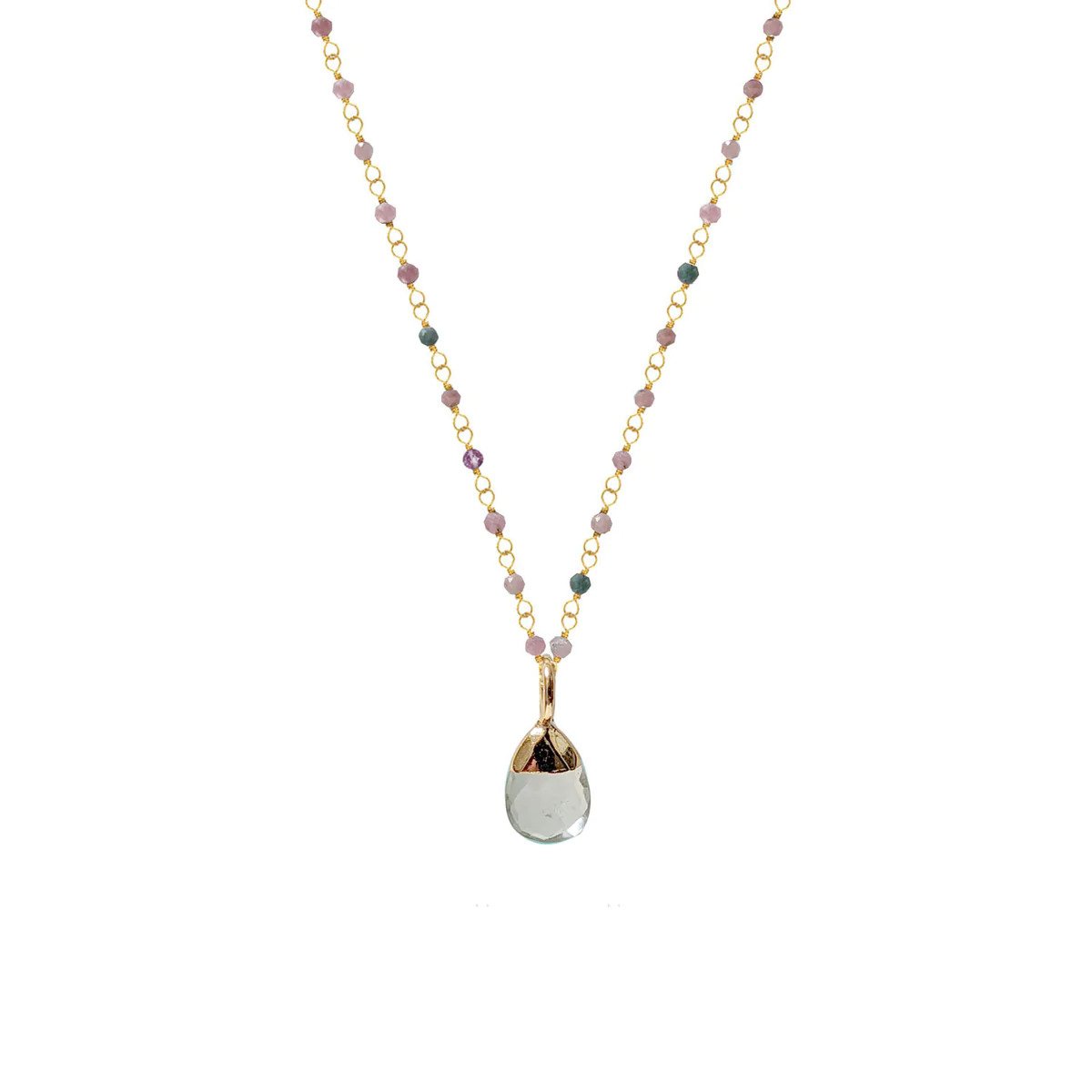 Green Amethyst Briolette Pendant on Gold Multi Tourmaline Pastel Long Rosary Chain