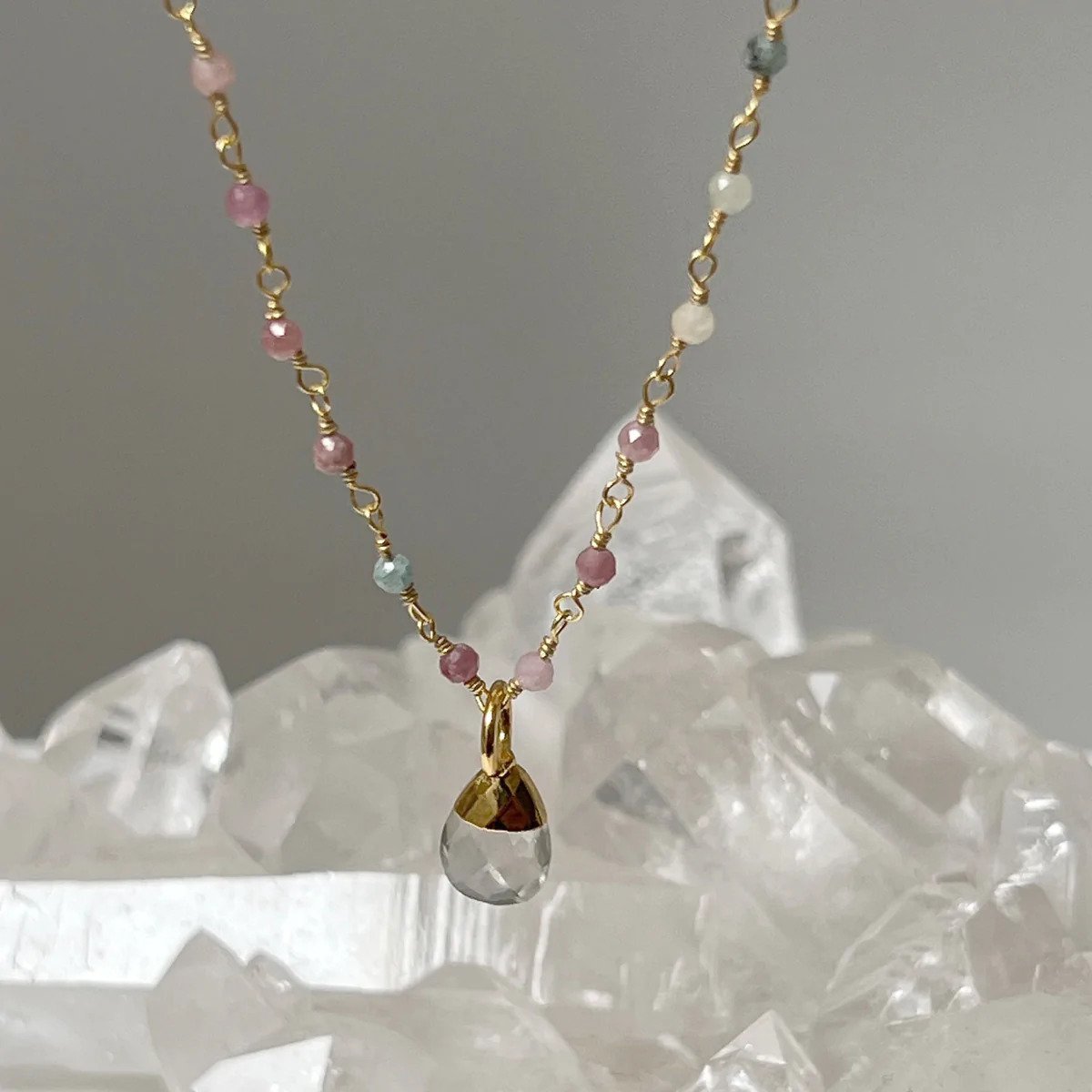 Green Amethyst Briolette Pendant on Gold Multi Tourmaline Pastel Long Rosary Chain