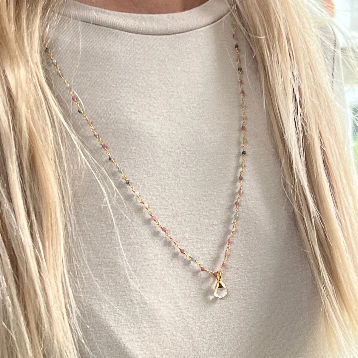 Green Amethyst Briolette Pendant on Gold Multi Tourmaline Pastel Long Rosary Chain