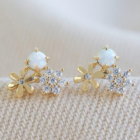 Double Flower Stud Opal and Gold Earrings