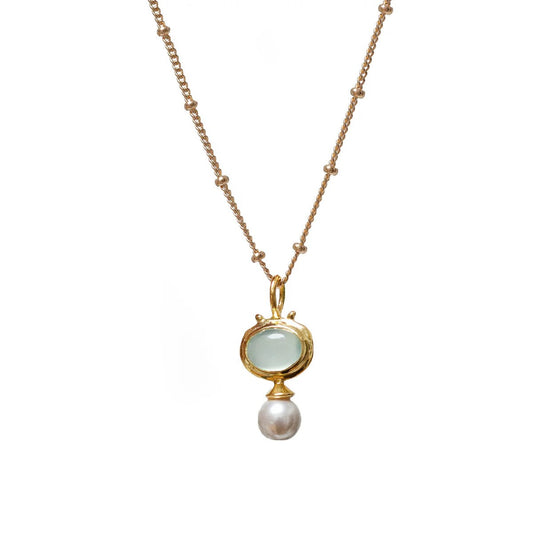 Aqua Chalcedony and Pearl Pendant on Short Biba Chain