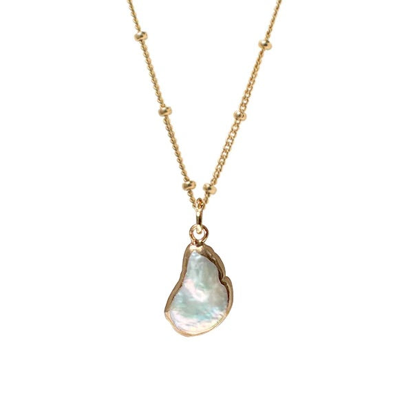 Freeform White Iridescent Baroque Freshwater Pearl Bezel Pendant on Gold Biba Chain