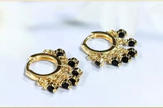 Gold Black Onyx Shimmery Huggie Hoop Earrings
