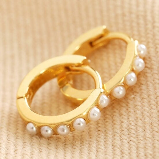 Gold Pearl Encrusted Huggie Hoop Earrings