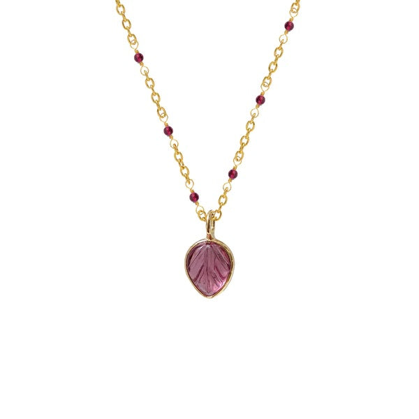 Pink Tourmaline Leaf Pendant on Ruby Rosary Chain