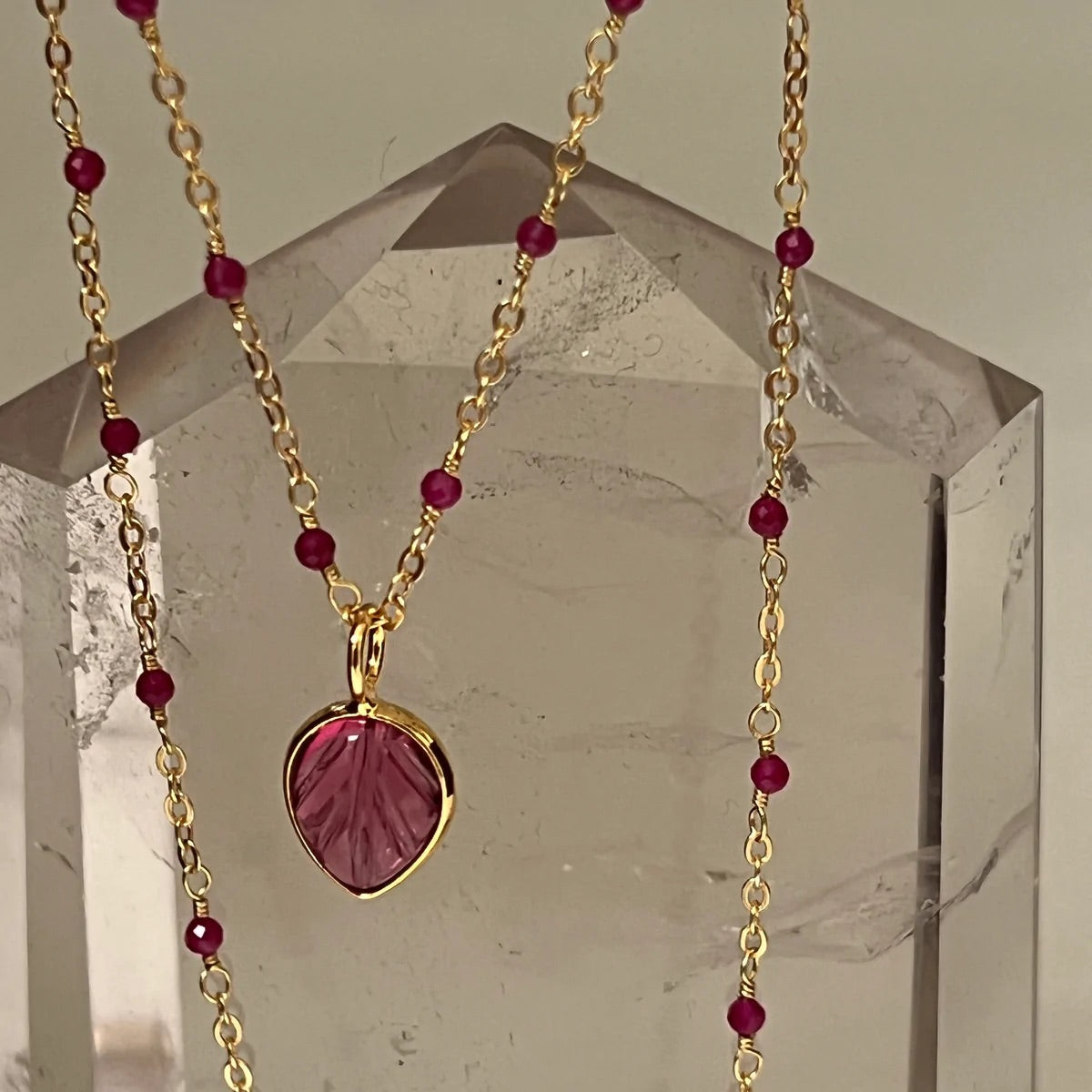 Pink Tourmaline Leaf Pendant on Ruby Rosary Chain