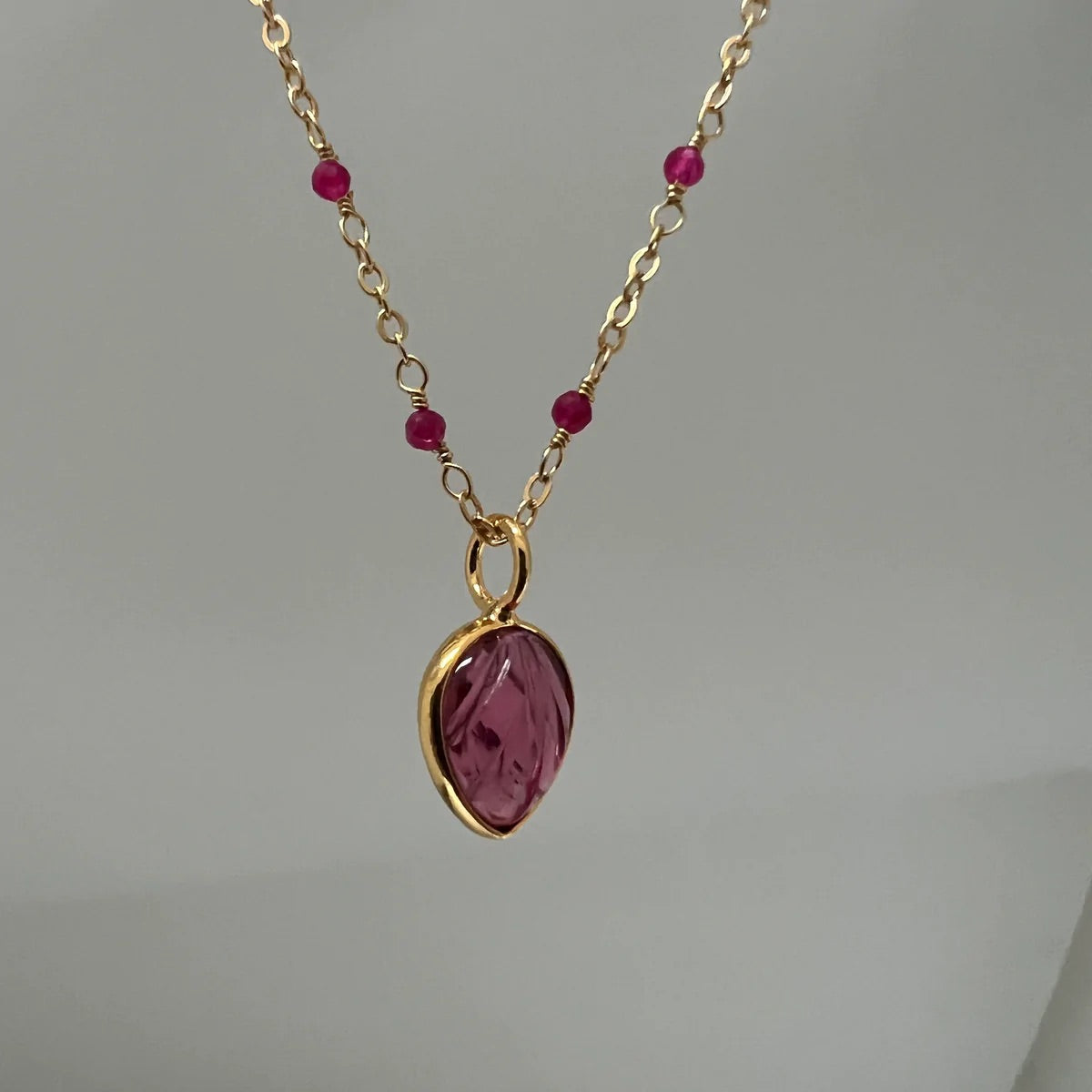 Pink Tourmaline Leaf Pendant on Ruby Rosary Chain