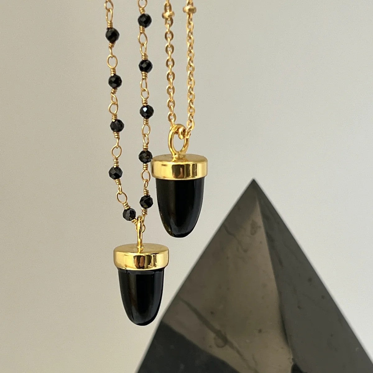 Black Onyx Pendulum Pendant on Long Black Onyx Rosary Chain