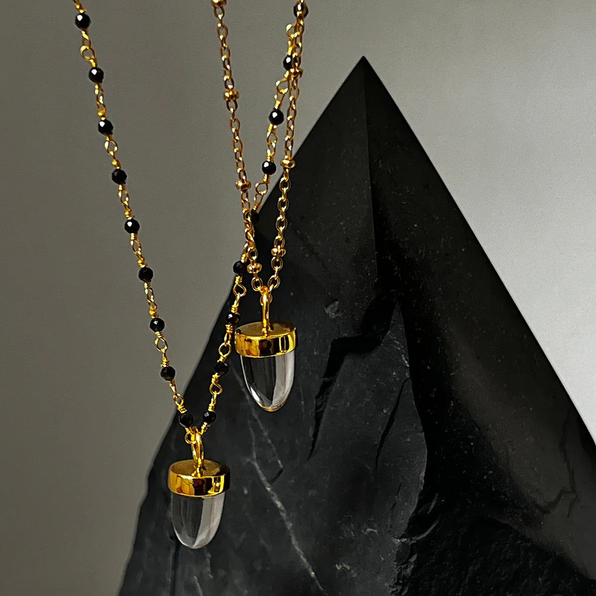 Rock Crystal Pendulum Pendant on Long Black Onyx Rosary Chain