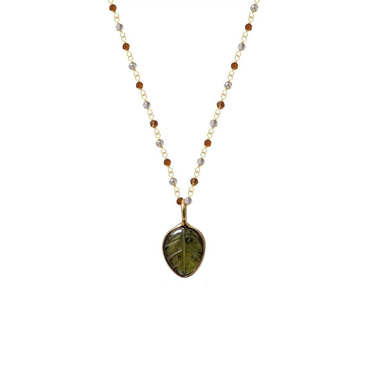 Citrine and Smokey Quartz Rosary with Peridot Leaf Pendant