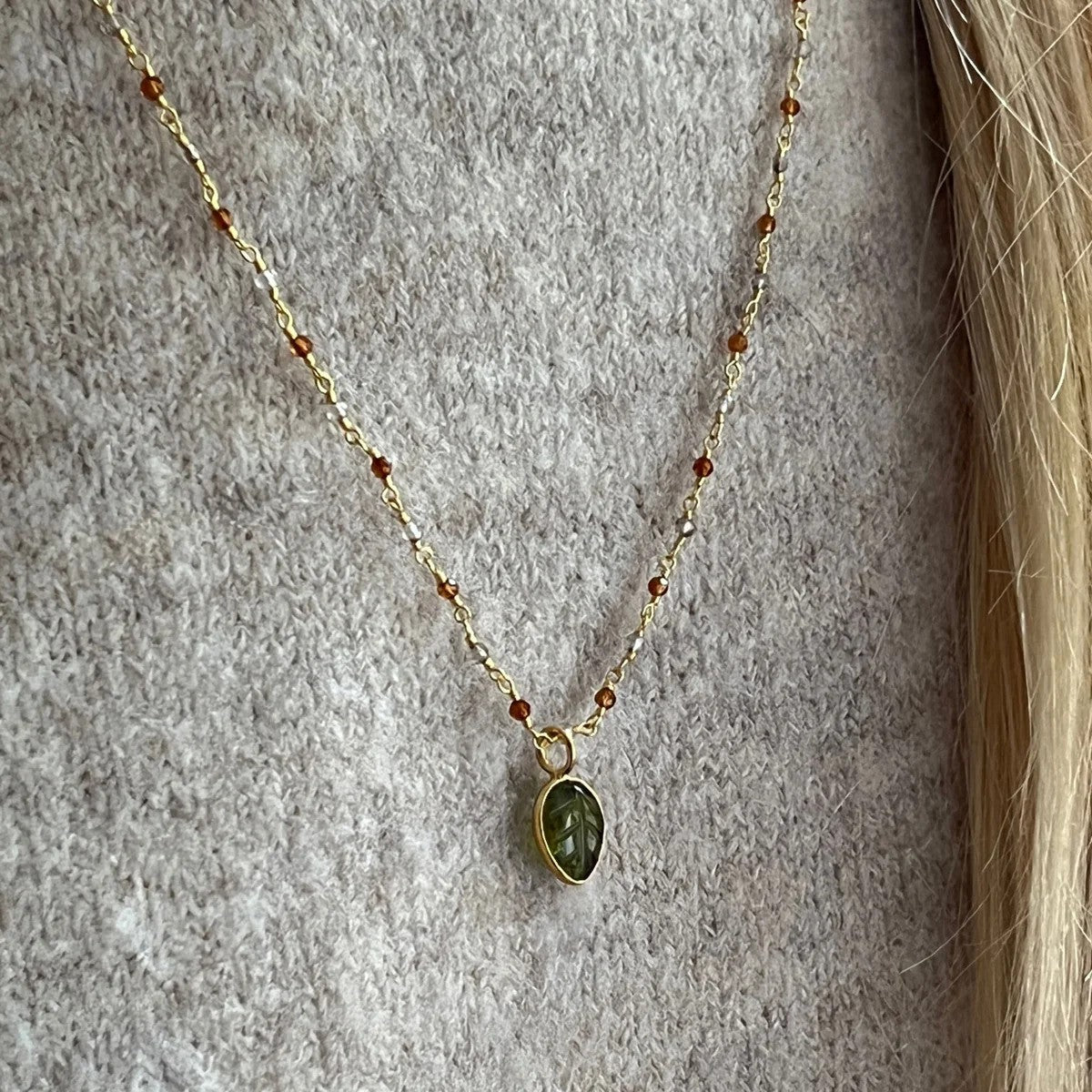 Citrine and Smokey Quartz Rosary with Peridot Leaf Pendant