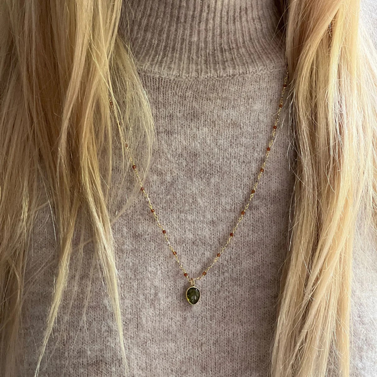 Citrine and Smokey Quartz Rosary with Peridot Leaf Pendant