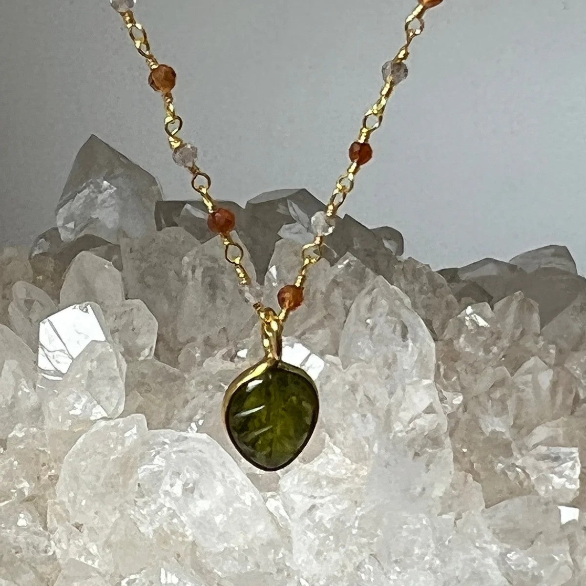 Citrine and Smokey Quartz Rosary with Peridot Leaf Pendant